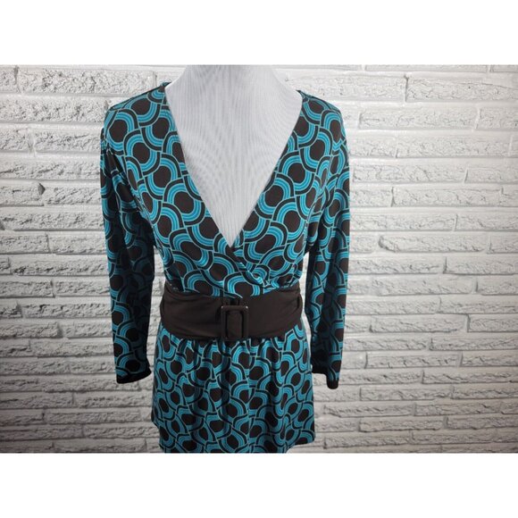 Apt 9 Womens Top Extra Large Blue Geometric Office Casual Sash Buckle GEO107XE - Picture 2 of 10